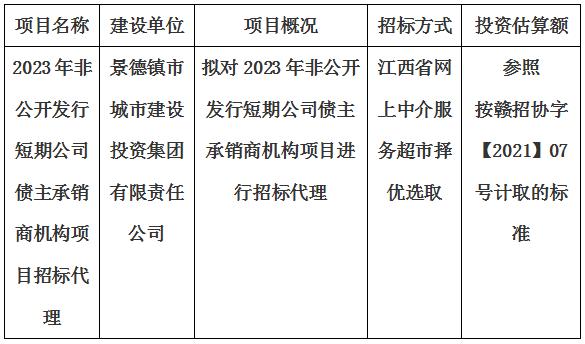 2023年非公開發(fā)行短期公司債主承銷商機構項目招標代理計劃公告