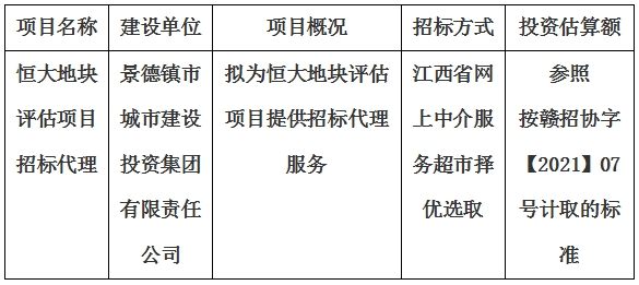 恒大地塊評(píng)估項(xiàng)目招標(biāo)代理計(jì)劃公告