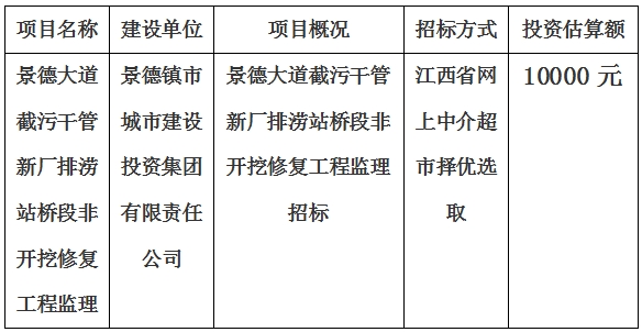 景德大道截污干管新廠排澇站橋段非開挖修復工程監理招標計劃公告　