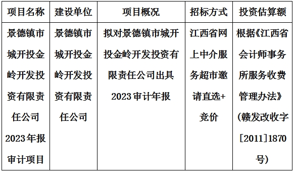 景德鎮(zhèn)市城開投金嶺開發(fā)投資有限責(zé)任公司2023年報審計項目計劃公告